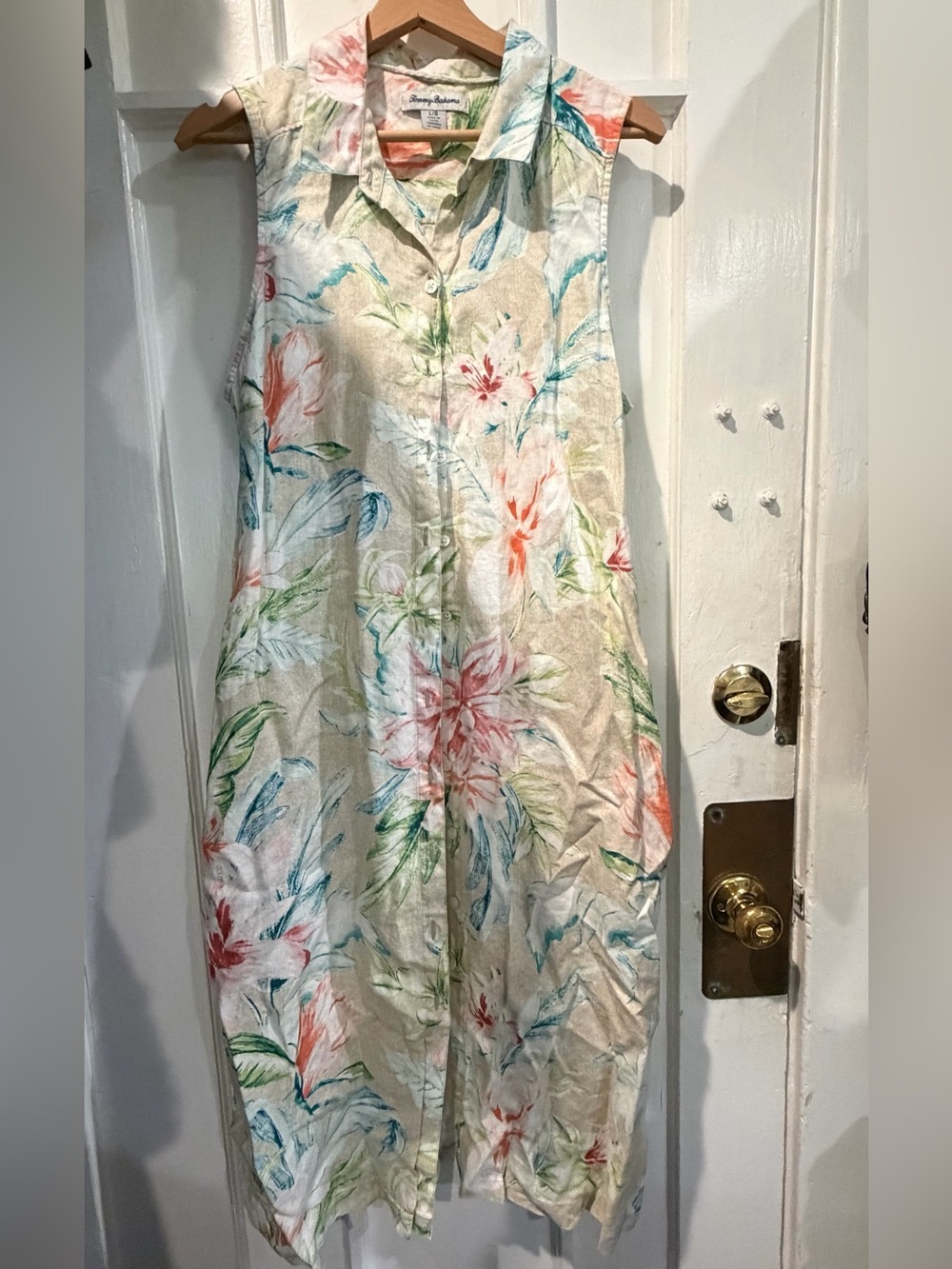 Tommy Bahama Linen Sleeveless Floral Jumpsuit in Beige with Coral & Teal